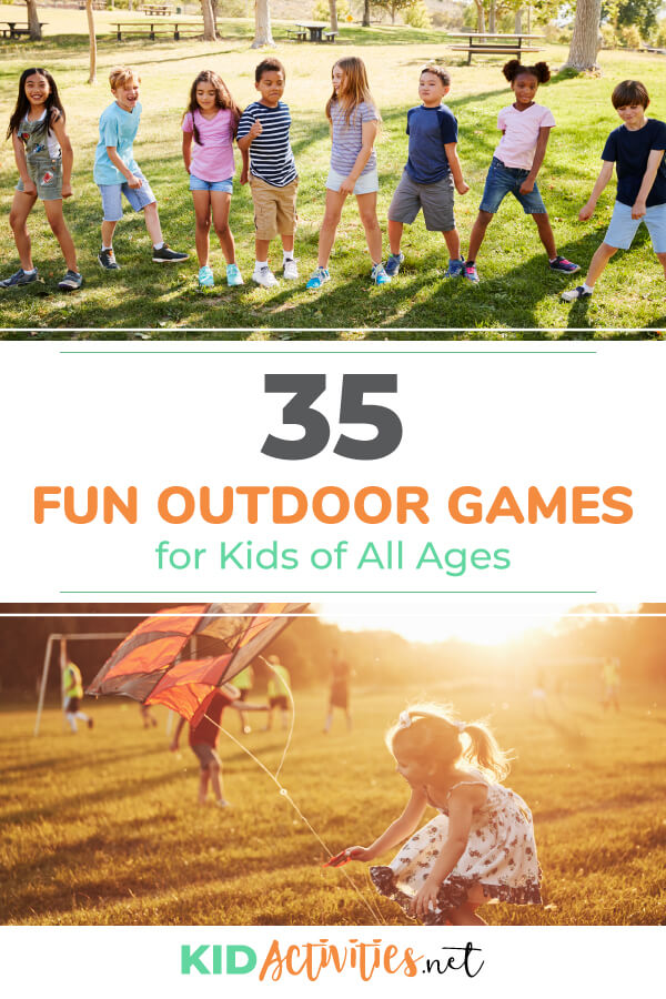 Two pictures, one of a young girl flying a kit and another of 8 kids lined up in a horizontal line in a playground setting. Text reads 35 fun outdoor games for kids of all ages. 