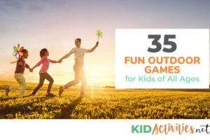 A parent running with a kid holding their hand and another kid holding the other childs hand. The sun is setting and they are in an open field. The text reads 35 fun outdoor games for kids of all ages.