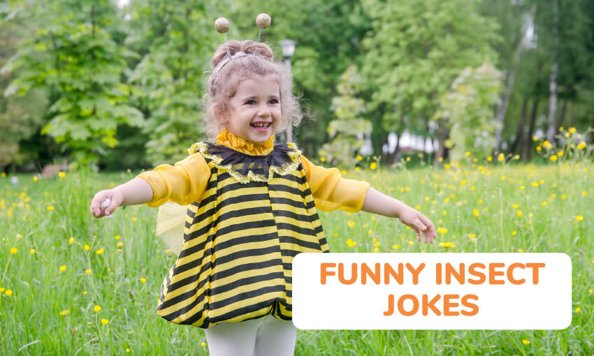 A young girl dressed up in a bumblebee costume. Text reads "funny insect jokes."