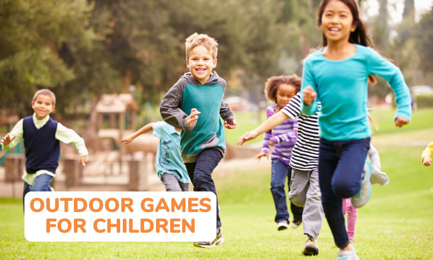 7 kids running in the grass with a playground in the background. Text reads outdoor games for children. 