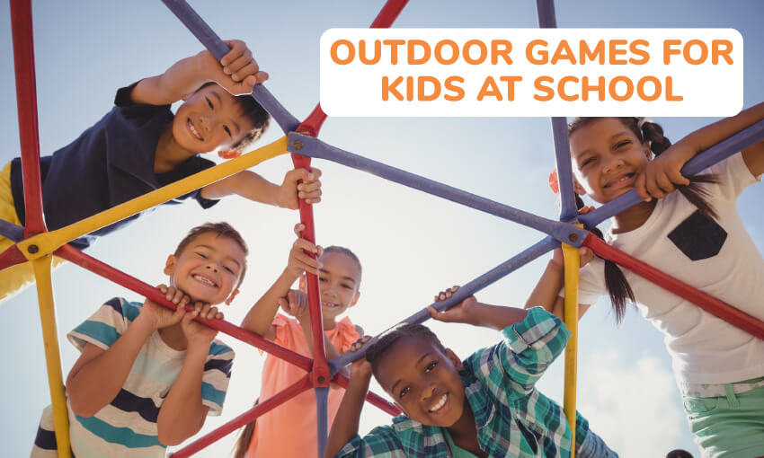 5 kids on a jungle gym looking down at the camera. Text reads outdoor games for kids at school.