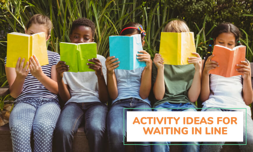 An image of 5 kids sitting on a bench each reading colorful books. Text reads activity ideas for waiting in line. 