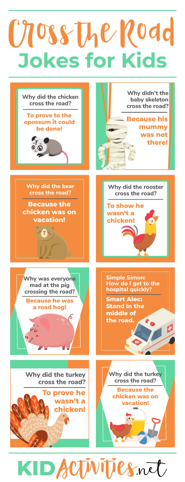 A Pinterest image with 8 different jokes and animations on it. The jokes can be found in the post. The heading text reads Cross the road jokes for kids. 