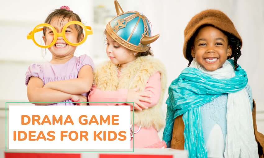 Three kids wearing different types of costumes. One with horns, one with big glasses, and one with a hat and scarf. Text reads drama game ideas for kids. 
