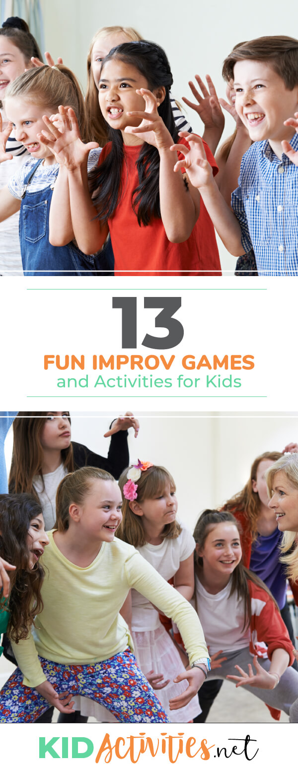 Two images, one of about 6 kids acting like a bear, putting their hands up to their face like claws. A second photo shows 6 kids directing kids how to act and they appear to acting like a gorilla. Text reads 13 fun improv games and activities for kids. 