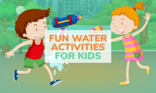 Animowany obrazek chłopca i dziewczynki mających walkę na pistolety wodne z tekstem mówiącym fun water activiteis for kids. 