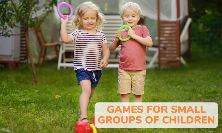 Two kids playing a game of ring toss in the yard. Text reads games for small groups of children. 