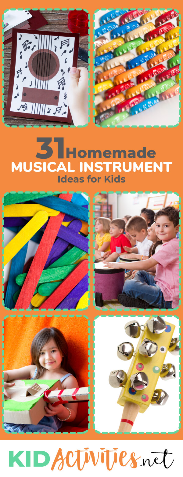 A collection of 31 homemade musical instrument ideas for kids. Enjoy the creative aspects of building and playing musical instruments with kids. This is also a great <a href=