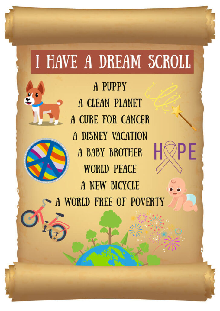 An animated picture of the "I have a dream scroll" activity for kids. 