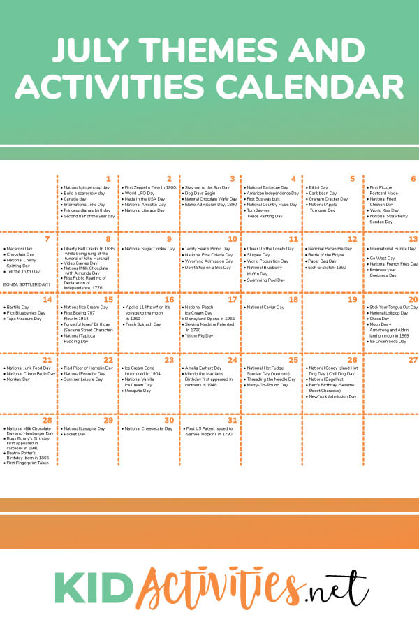 A July activity calendar. Great for planning out July lesson plans.