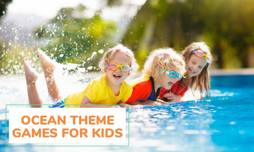 An image of three young kids with swimming goggles leaning over a pool, arms getting in the water. Text reads ocean theme games for kids. 