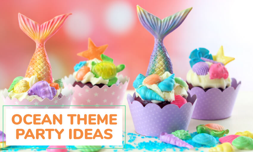 A picture of 4 cupcakes decorated ocean theme. There are colorful fishtails, seashells, and frosting looks like sand on tops of the cupcake. Text reads ocean theme party ideas. 