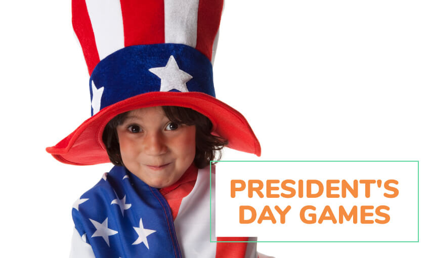 A picture of a young boy dressed in American flag shirt and American flag top hat. Tex reads President's Day games for kids. 