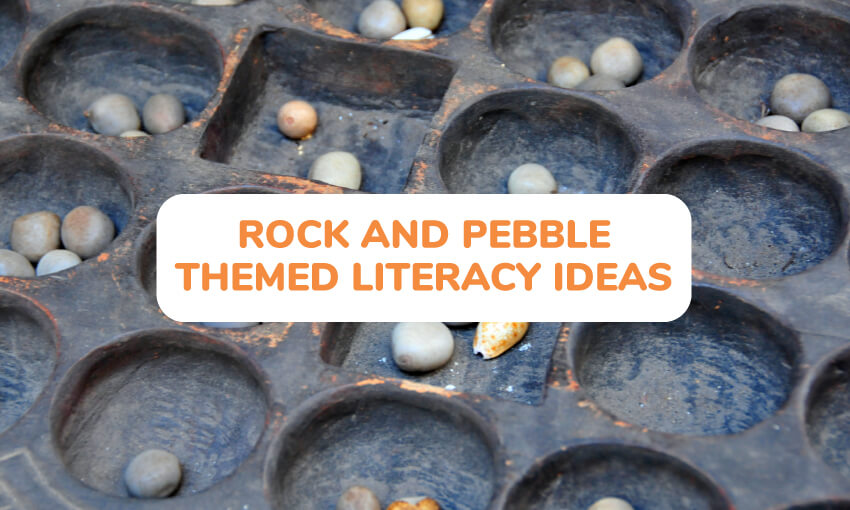 An image of rocks sitting in a jewelry tray with text that reads rock and pebble themed literacy ideas for kids. 