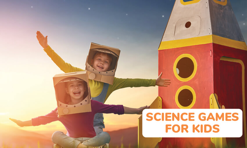 Two kids with their arms out like they are flying with cardboard space helmets sitting next to a cardboard rocket ship. Text reads science games for kids. 