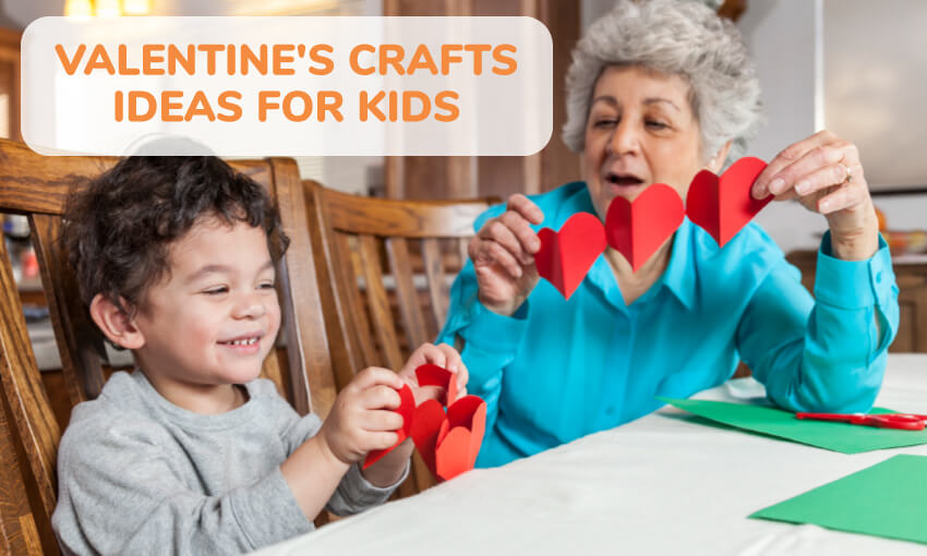 A picture of a grandma and a kid holding a heart paper craft. Text reads Valentine's Day craft ideas for kids. 