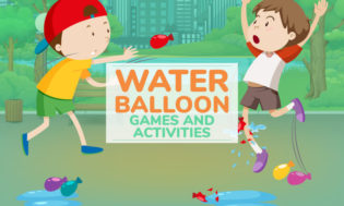 An animated picture of kids throwing water balloons at each other. With text saying water balloon games and activities. 