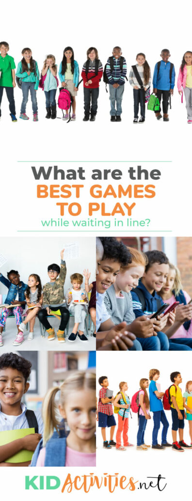 A collage of images showing kids in different types of lines. The text reads What are the best games to play while waiting in line? 