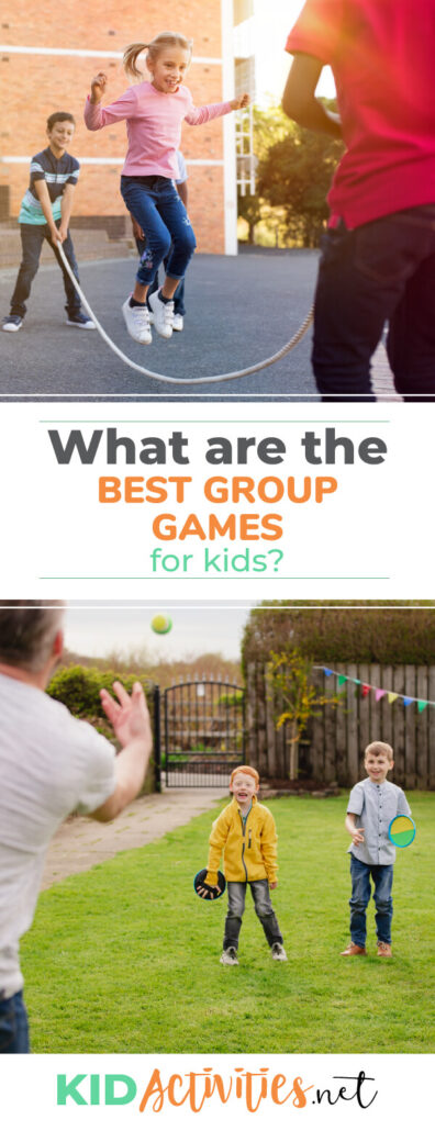 Multiple images one of the kids playing jump rope with a girl jumping in the middle and the second one of a dad playing some kind of catching game with two kids in the yard. Text that reads What are the best group games for kids? 
