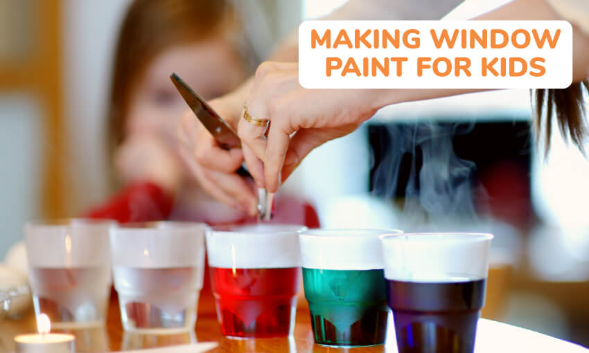 A picture of 5 different glasses with different colors in them. A woman is emptying contents into the glasses to make the water colored. The text reads Making window paint for kids. 
