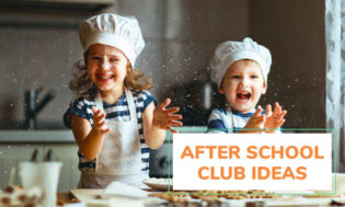 A picture of kids cooking at a kitchen counter wearing chef attire. Text reads after school club ideas.