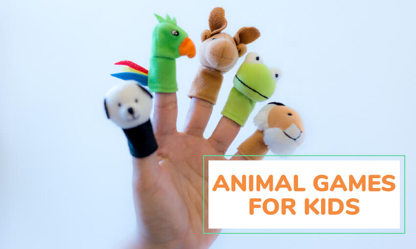 A picture of a hand with animal finger puppets with text reading animal games for kids. 