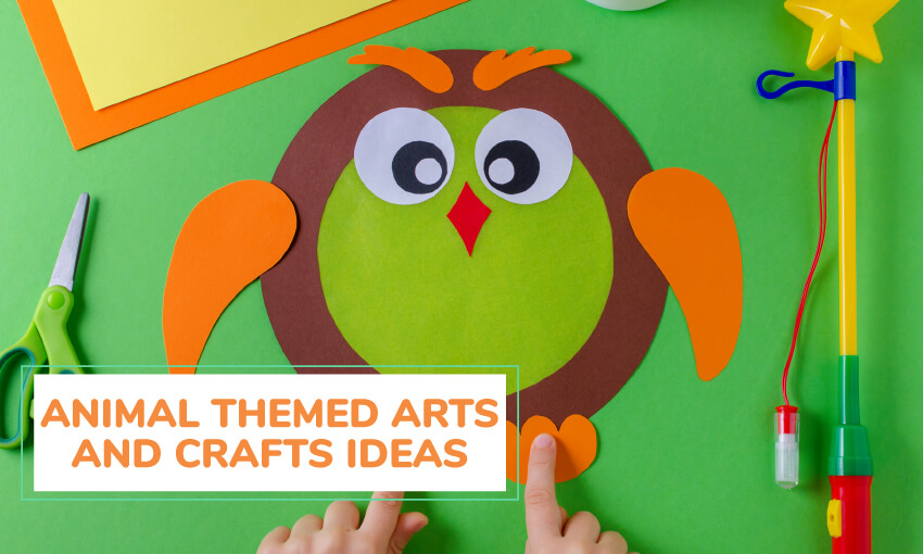 A picture of an owl craft with text that reads animal themed arts and crafts for kids. 