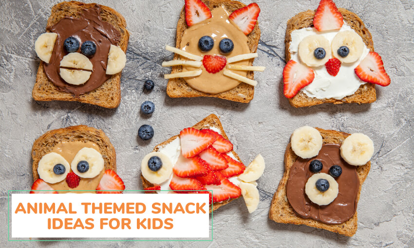 Toast with animal food art on them. A cat, fish, bear, monkey, owl are created on different slices of toast. Text reading animal themed snack ideas for kids. 