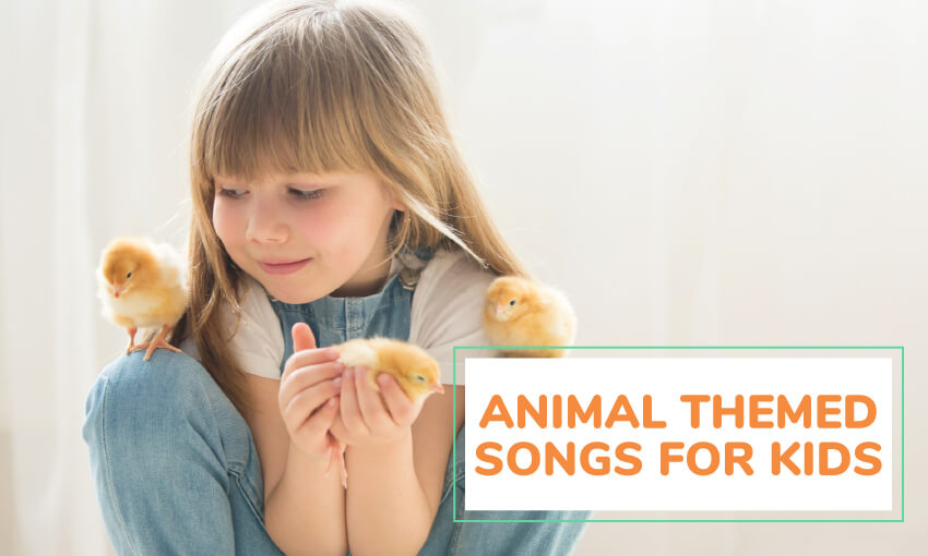 A young girl holding a baby chick and two other baby chicks climbing on her with text that reads animal themed songs for kids.