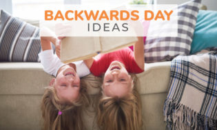 Two kids on a couch with their heads hanging off the edge. Text reads backwards day ideas.