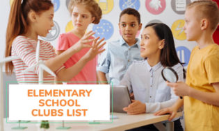 A picture of kids gathered around a teacher. One child looks to be explaining something using her hands to help explain. Text reads elementary school clubs list. 