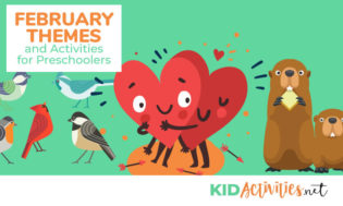 Animated pictures of hearts hugging, birds, and beavers with a light green background. Text reading February themes and activities for kids. Great activity ideas for the classroom.