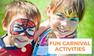 A boy and girl child with arms around each other and faces painted. Boy has a spider man face paint design and the girl has a diamond on her forehead with various colors and designs throughout her face. The text reads fun carnival activities. 