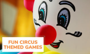 An image of a blowup clown with text that reads fun circus themed games. 