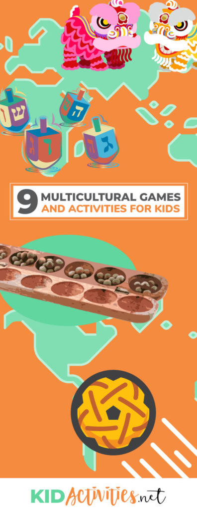 An animated picture of games from different cultures. Text reads 9 fun multicultural games and activities for kids. 