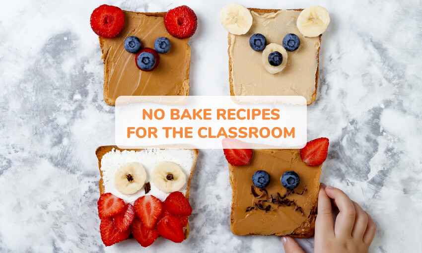 An image of 4 pieces of toast decorated with fruit and peanut butter to look like different animals, like a bear, owl, and cat. Text reads no bake recipes for the classroom. 