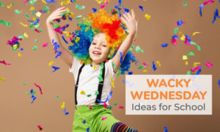 An image of a child with clown hair and suspenders and colorful confetti falling from the air. Text reads Wacky Wednesday ideas for school.