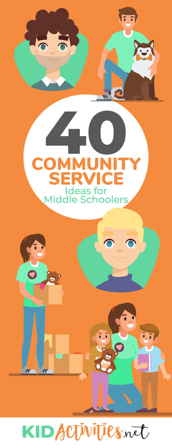 An animated picture of a young man with his arm around a dog (depicting volunteering at animal shelter), a young girl gifting a box of toys, and the same young girl with young children (perhaps volunteering to read to them). Tex reads 40 community service ideas for middle schoolers.