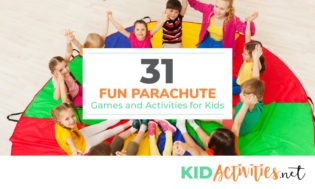 A picture of kids sitting on a colorful parachute holding hands in a circle. The text reads 31 fun parachute games and activities for kids.