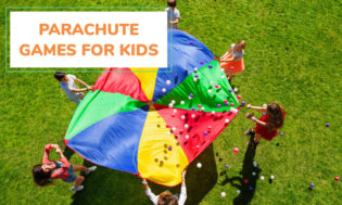 A picture of kids holding a colored parachute with balls on the parachute. Text reading parachute games for kids. 
