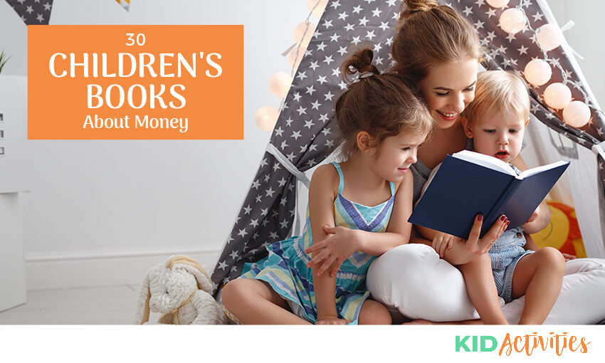An image of a mom with two children on her lap reading a book. Text reads 30 children's books about money.