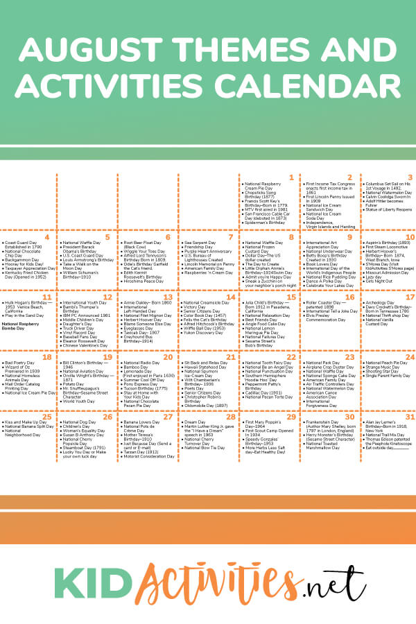 August activity calendar with kids activities for each day of the month. 