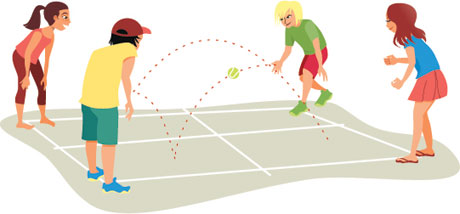 An animated picture of kids playing a game of four square.