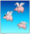 An animated picture of pigs with wings flying. 
