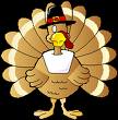 An animated picture of a turkey wearing a pilgrims hat. 