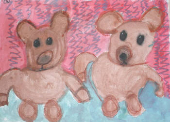 Kids art project with two teddy bears and a pink and blue background