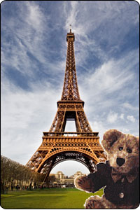 A picture of a teddy bear on the ground with the eiffel tower in the background. 