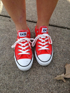 A picture of legs and red shoes. They appear to be female legs. 