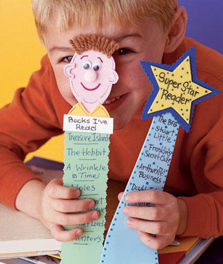 A picture of two diy foam bookmarks. One has a face with eyes, ears, nose, and mouth that says "books i've read." The other bookmark has a star at the top that says Super Star Reader" and has a list of books that have been read underneath it. 