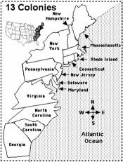 A digital black and white map of the 13 colonies with their names on each one. 